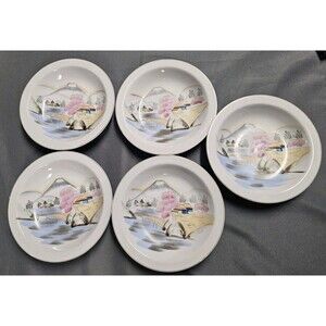 Vtg Kutani Ware Japanese Porcelain Set of 5 Soup Bowls Mountains Cherry Blossoms